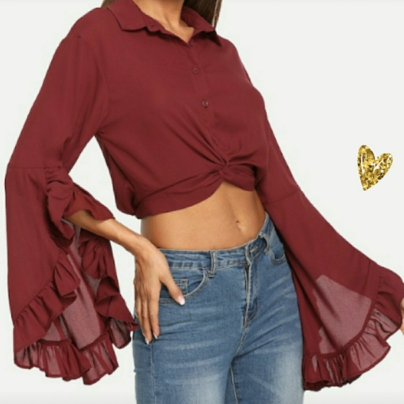 LAST ONE! Twisted Bell Sleeve Boho Crop Top - Picture 2 of 6